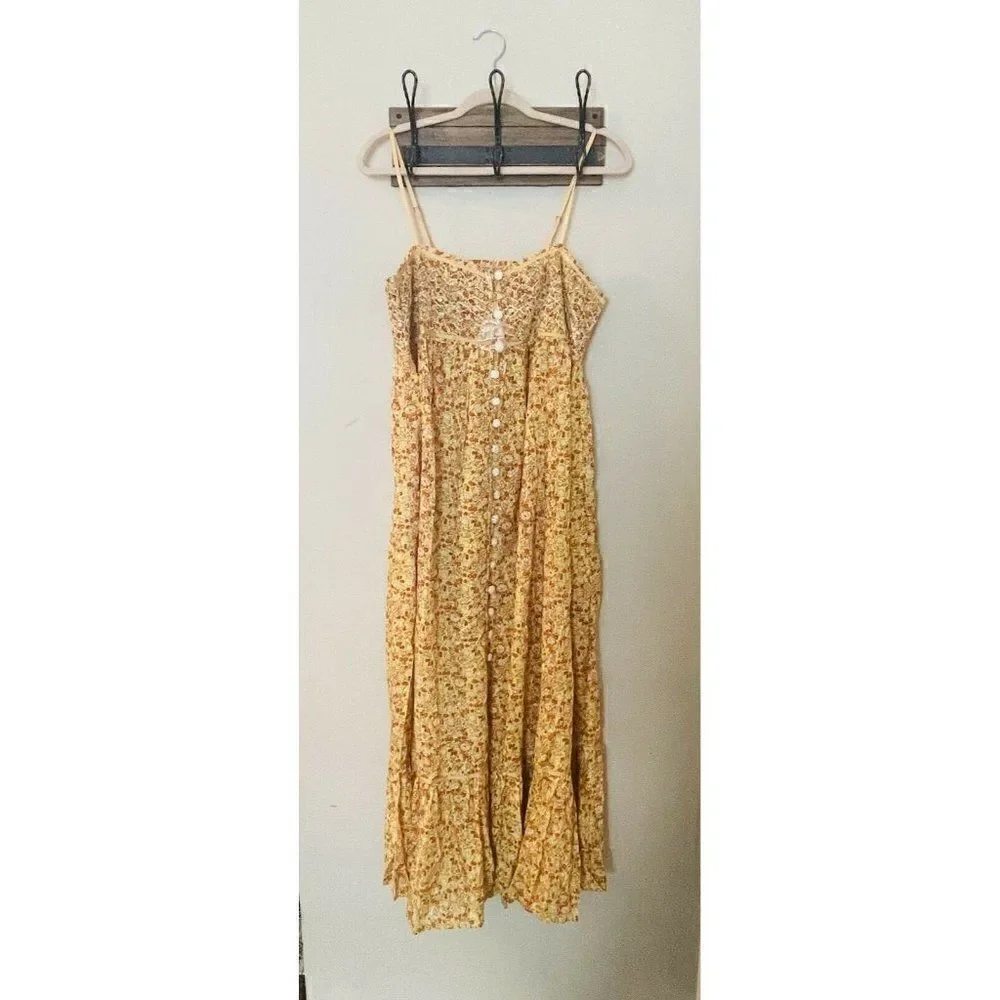 NEW FREE PEOPLE Sz L MOLLY JO FLORAL PRINTED MIDI DRESS MAXI TOP GOLDEN COMBO